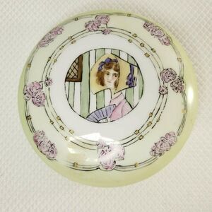 A Klingenberg AK France Limoges Pink Green Victorian Girl Satin Trinket Box